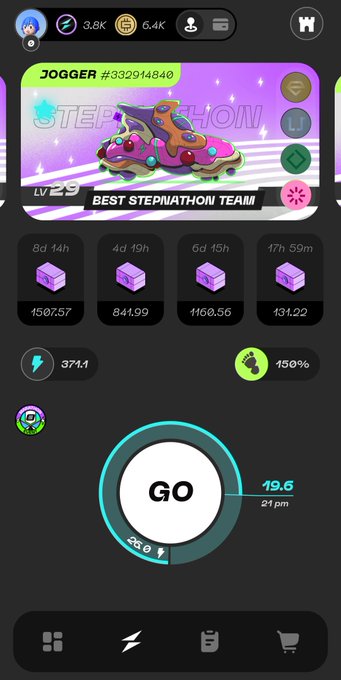 A 'STEPSHOW' or step-counting game interface showing a Level 29 'JOGGER' shoe, various timed boxes (e.g., 8d 14h), a 'GO' button, and an energy level of 371.1 at 150% boost.