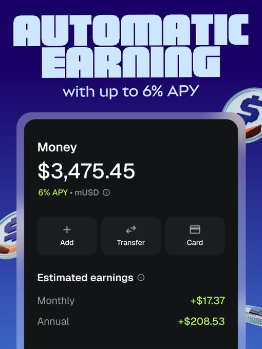 MetaMask promotional graphic advertising "Automatic Earning" with up to 6% APY, showing a portfolio balance of $3,475.45 earning an estimated $17.37 monthly and $208.53 annually, with options to Add, Transfer, or manage a Card. The image illustrates the feature mentioned in the post, which encourages users to put their stablecoins to work earning passive interest directly within the MetaMask wallet.