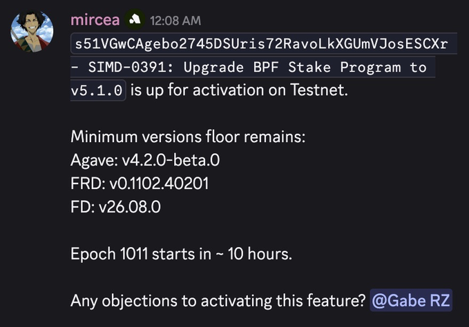 A Discord message from user 'mircea' at 12:08 AM discusses 'SIMD-0391: Upgrade BPF Stake Program to v5.1.0 is up for activation on Testnet' with minimum version requirements.