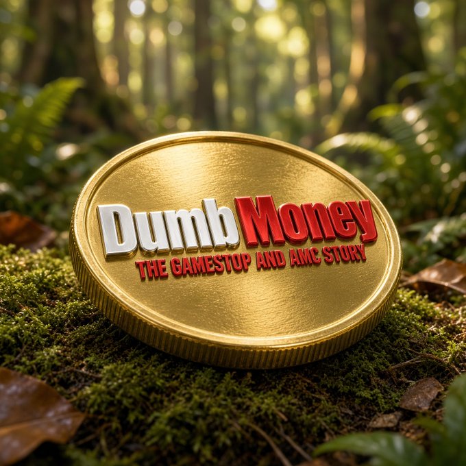 A gold coin rests on moss in a forest setting, emblazoned with the title 'Dumb Money: The GameStop and AMC Story' in white and red text.
