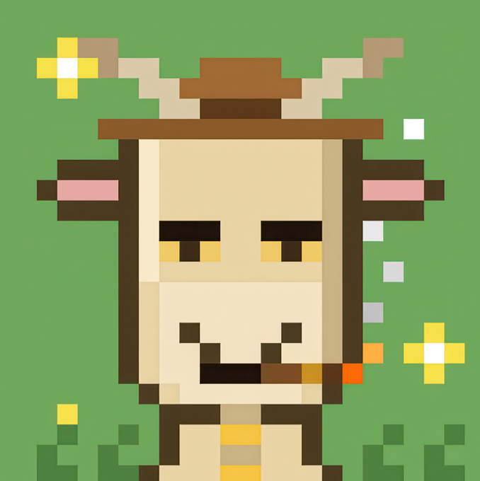 A pixel art illustration of a goat character wearing a brown hat with antlers, holding a cigar, and standing on grass against a green background with sparkle effects, matching the post's theme of "Goats Activated" from Cashmere Labs NFT.
