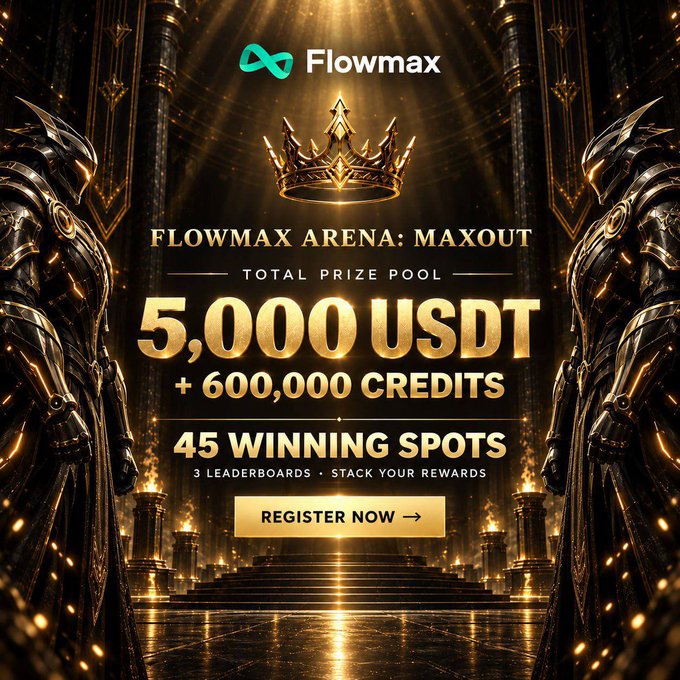 Promotional graphic for Flowmax Arena: Maxout, featuring a gold crown and armored knights, advertising a total prize pool of 5,000 USDT plus 600,000 credits across 45 winning spots with a 'Register Now' button.