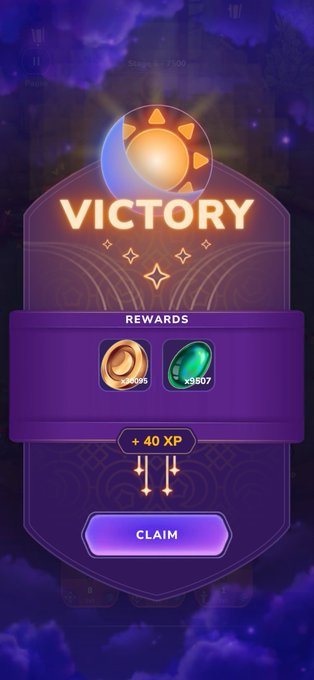 A 'VICTORY' screen from a mobile game showing rewards including coins, a green gem worth $907, +40 XP, and a 'CLAIM' button.