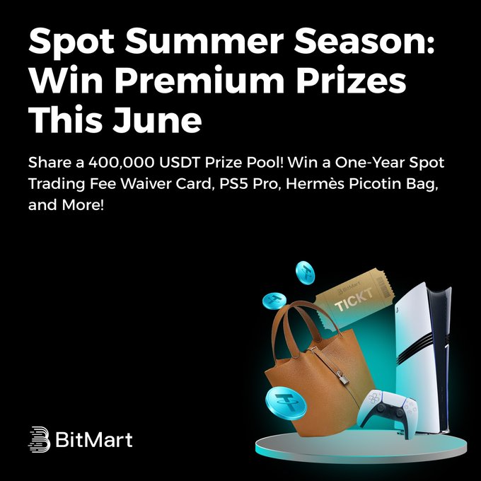 The image features a poster for a Spot Summer Season contest at BitMart, where participants can win a 400,000 USDT prize pool. The poster includes an illustration of various prizes such as a handbag, a game controller, and a book, along with text promoting the contest. The main focus is on the prize pool, which is a significant reward for winning this summer season.