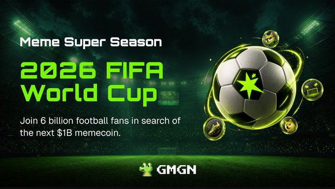 The image shows a poster advertising the FIFA World Cup, with the main focus being a soccer ball surrounded by various game elements. The text at the bottom of the poster includes information about the next year's event, as well as the company responsible for marketing the World Cup. One interesting detail is that the entire event has been sponsored by GMGN (Gemini Mobile Gaming Network).