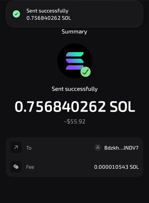 A Solana transaction confirmation shows **0.756840262 SOL** sent successfully, valued at approximately **$55.92**, to a recipient address ending in **JNDV7**, with a **0.000010543 SOL** fee. This appears to be one of the promised free SOL giveaways after the post reached more followers.