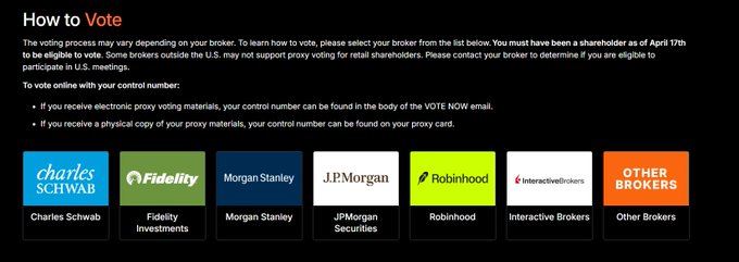 A website page displays a list of six companies, including Charles Schwab and Jp Morgan, with instructions on how to vote for them.