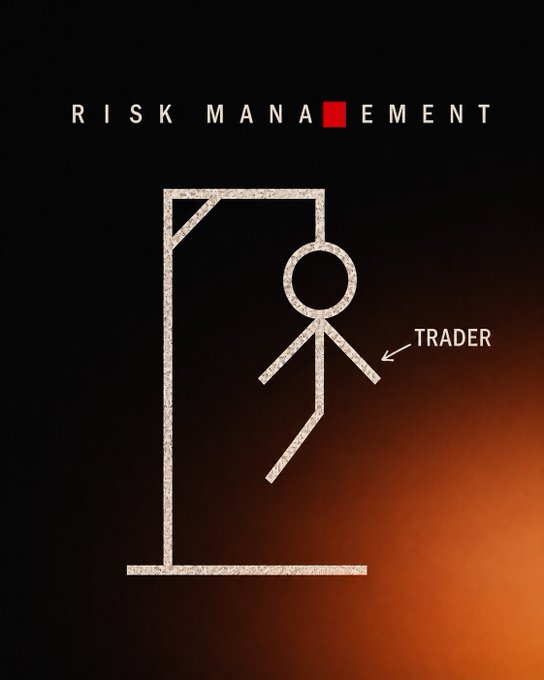 An illustration depicting risk management in trading shows a stick figure hanging from a gallows-style noose, labeled 'TRADER', with the title 'RISK MANAGEMENT' at the top and a red square replacing the 'G'.