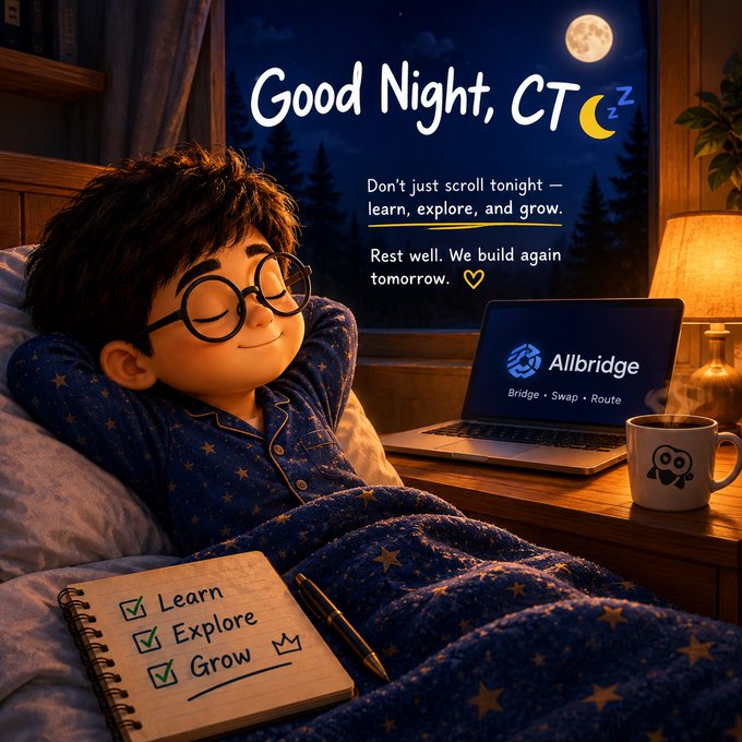 A cartoon boy with glasses sleeping peacefully next to a laptop showing the Allbridge logo, under a 'Good Night, CT' message with a checklist for Learn, Explore, and Grow.