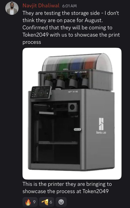 A Discord message from Navjit Dhaliwal at 6:01 AM discussing storage testing for a printer that will be showcased at Token2049, with an image of a Bambu Lab H2D 3D printer.