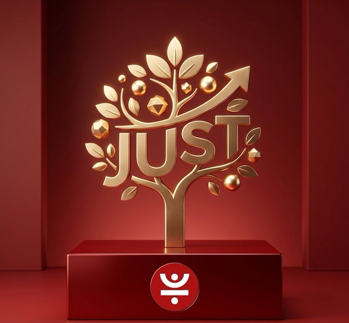 A 3D rendered golden trophy in the shape of a tree bearing the word "JUST" on a red pedestal with a logo.