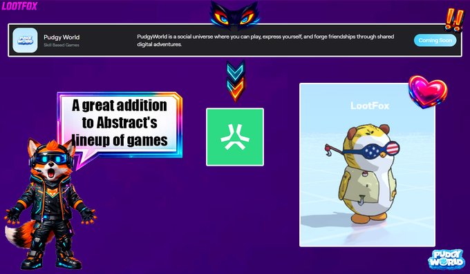 The image displays a promotional announcement for "Pudgy World," noting it is "Coming Soon" to the AbstractChain portal and calling it "A great addition to Abstract's lineup of games."