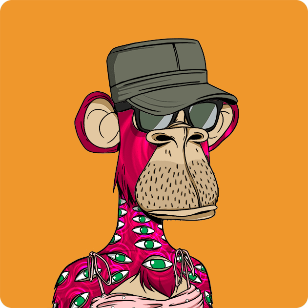 The image features a cartoon monkey wearing sunglasses, a hat, and has green eyes. The monkey appears to be wearing a shirt with a tie around its neck. The background of the image is orange, which contrasts with the pink color of the monkey's skin. There are also some numbers visible in the image. The post seems to be about an ape that was bought for 8.6 ETH and is now being referred to as "Monke: opensea.io/collection/bor ... bored ape yacht club".