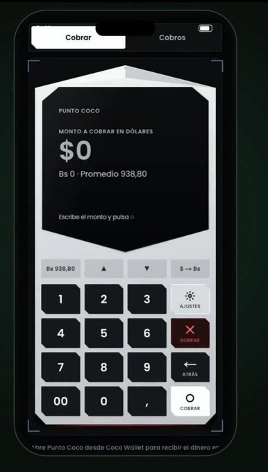 A mobile phone screen displaying a payment app interface called "Punto Coco" with the text "MONTO A COBRAR EN DOLARES: $0", a numeric keypad, and buttons including "BORRAR" and "COBRAR".