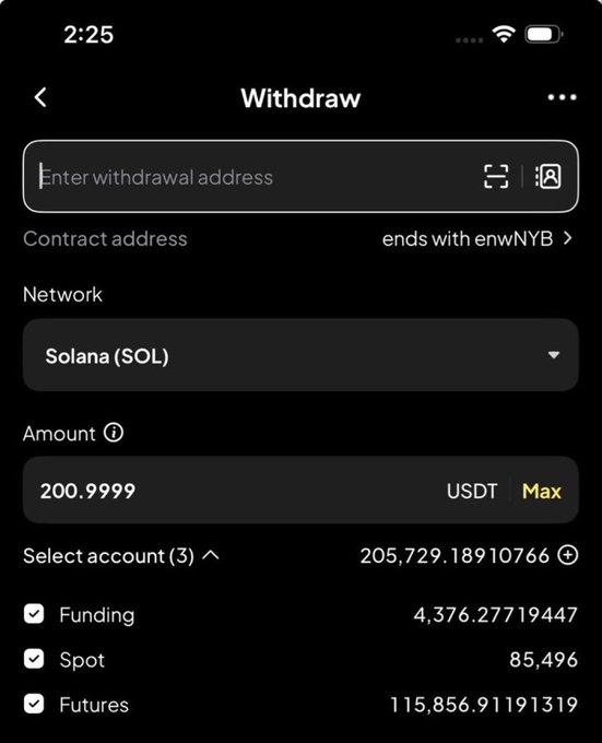 The image shows a crypto withdrawal screen on the Solana network, where 200.9999 USDT is being sent to a withdrawal address, with account balances totaling 205,729.18910766 across Funding, Spot, and Futures. This visually supports the post by showing the sender is preparing to airdrop approximately $200 USDT on Solana to a recipient's wallet address.