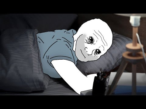 A black-and-white illustration of a man with a melancholic expression, known as the 'Wojak' or 'Doomer' meme, lies on a bed staring blankly.