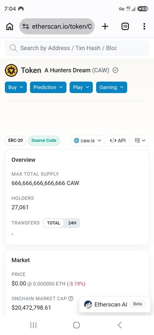 Etherscan page for the ERC-20 token 'A Hunters Dream (CAW)', showing a max supply of 666,666,666,666, 27,061 holders, and a market cap of $20,472,798.61.