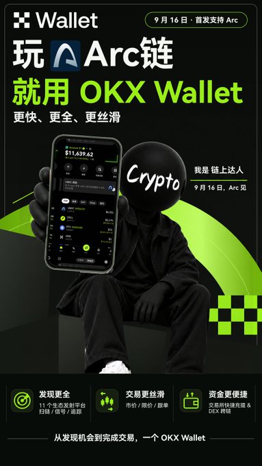 An advertisement for OKX Wallet featuring Chinese text including '玩Arc链 就用 OKX Wallet' and '更快、更全、更丝滑', with a figure in black holding a smartphone displaying a crypto wallet interface, dated '9月16日'.