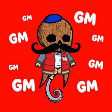 A stylized cartoon character with a wooden mask head, large curled mustache, blue cap, and red vest, surrounded by repeating white 'GM' text on a red background.