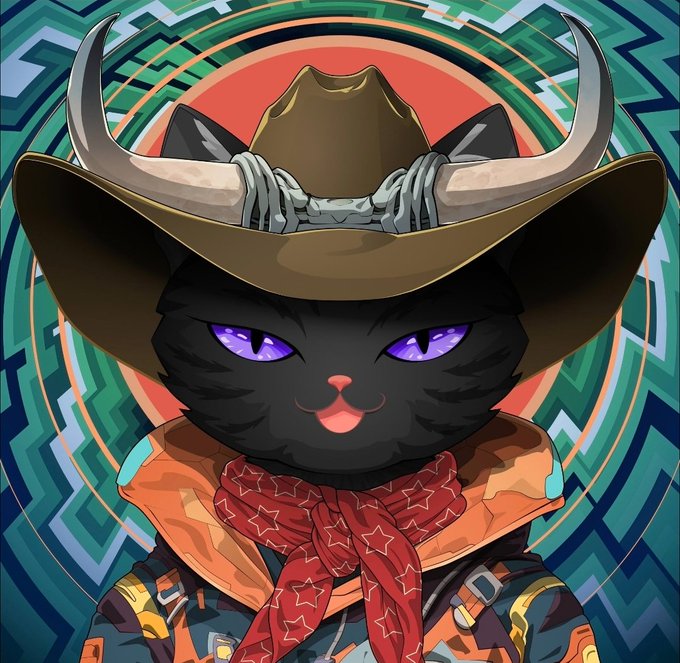 A digital illustration of a black cat wearing a brown cowboy hat with horns and a red star-patterned bandana, set against a colorful geometric mandala background.