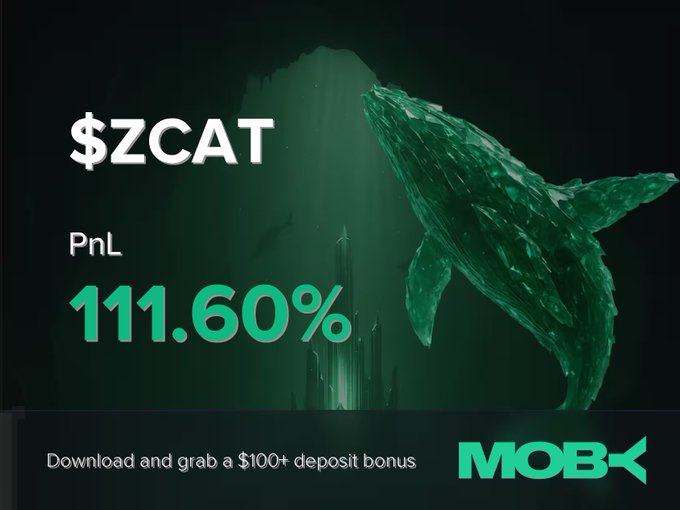 A promotional graphic for $ZCAT displays a profitable PnL of +111.60% alongside a crystalline whale graphic, matching the post's win alert about a trader closing the position on Moby Mobile with a deposit bonus offer.
