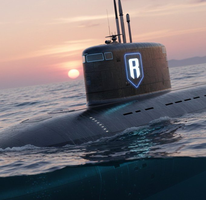 A digital artwork of a black submarine with a glowing blue 'R' logo on its sail, surfacing in the ocean at sunset.