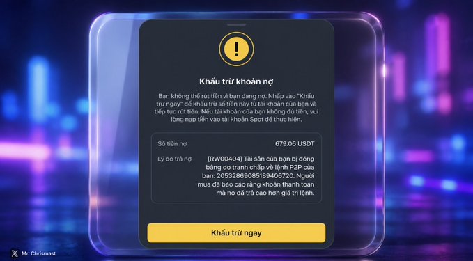 The image shows a Binance pop-up notification in Vietnamese titled "Khấu trừ khoản nợ" (Debt deduction), warning that 679.06 USDT has been deducted from a user's Spot wallet due to order [RW00404] — a P2P trade where a buyer falsely claimed they sent an excess of 20,532,869.085 billion VND (a clearly inflated transfer receipt). This illustrates the scam described in the post, where a buyer sends the correct payment, then files a fake "overpayment" dispute using a doctored transfer bill to trick Binance into debiting the seller's account.
