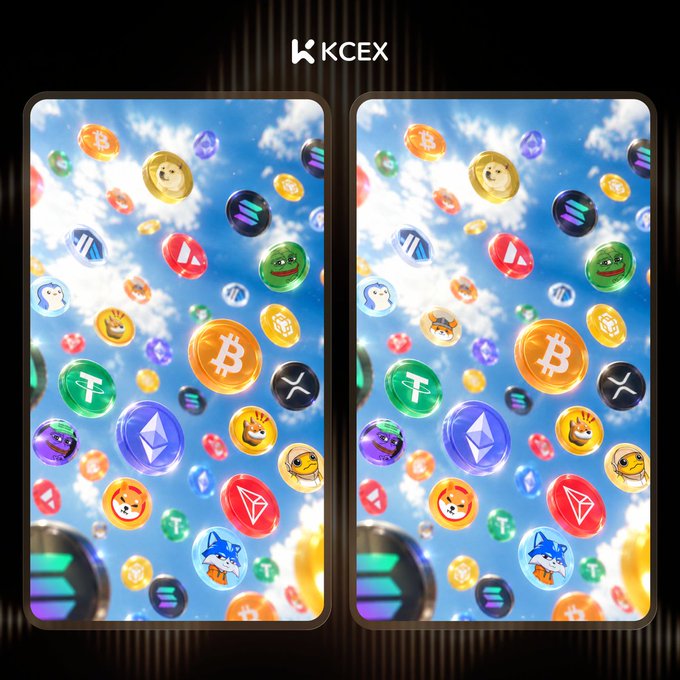Two smartphones display colorful 3D-rendered cryptocurrency coins (including Bitcoin, Dogecoin, and Ethereum) floating against a sky background, with the 'KCEX' logo at the top.