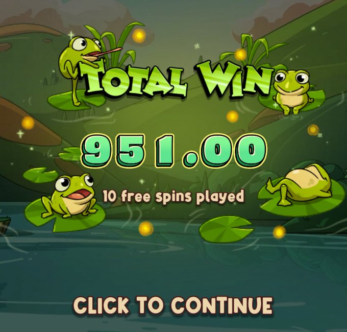 A colorful slot game "TOTAL WIN" screen displays a payout of 951.00 from 10 free spins, featuring cartoon frogs around a pond scene, with a prompt to "CLICK TO CONTINUE." The image appears to showcase a gambling win shared as promotional content encouraging viewers to sign up using a referral code and share their SOL wallet for potential tips.