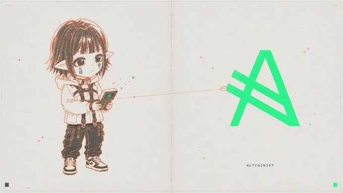 An anime-style chibi illustration shows a small character holding a phone that projects a green triangle logo labeled 'ALTCOINIST'.