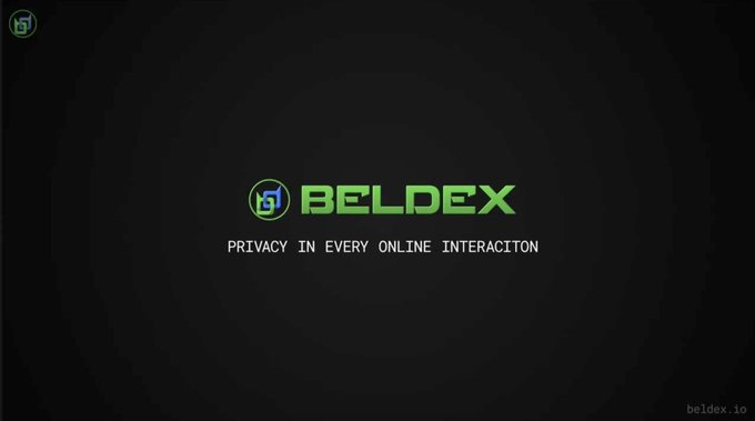 A dark screen displays the green 'BELDEX' logo with a padlock symbol and the tagline 'PRIVACY IN EVERY ONLINE INTERACTION' along with the website beldex.io.