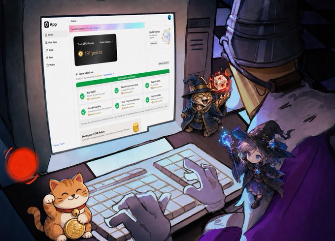 The image shows a person at a computer exploring the Startale App, which displays a dashboard featuring "Soneium Pass 2" with "Your STAR Points: 101 points" and various completed missions like "Build SOC," "Deposit into Star Vault," and "Hats Off Mii" with green checkmarks. Fantasy-themed characters—a cat wizard, a witch with a glowing staff, and a cute orange cat holding a gold coin—surround the screen, visually reinforcing the post's theme of Startale as a unified, approachable gateway into the Soneium ecosystem that bundles wallet, swaps, mini apps, and missions into one seamless experience.