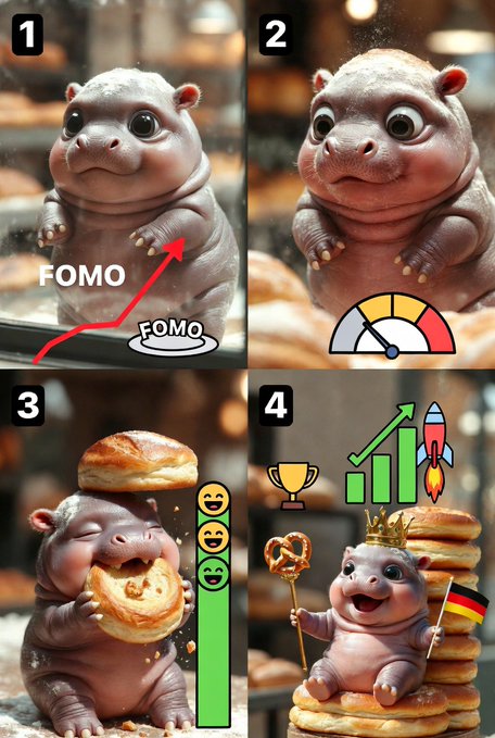 A four-panel comic featuring a hippo with 'FOMO' (Fear of Missing Out), showing it progressing from hesitant to happy while eating pastries, with various emojis and rocket icons.