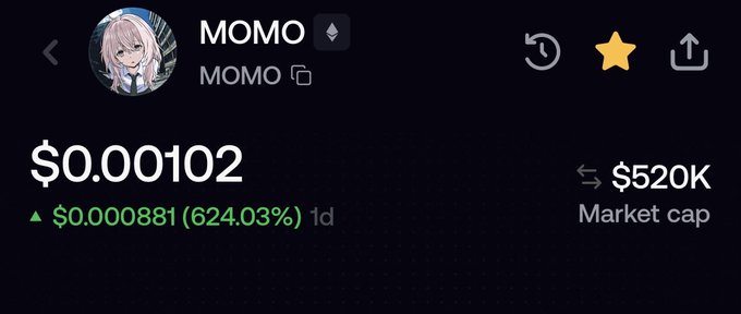 A screenshot of the MOMO cryptocurrency page shows the token trading at $0.000102 with a 624.03% gain ($0.000881) over the past day, boasting a $520K market cap. The dramatic green percentage increase aligns with the post's bullish claim that MOMO is "just getting started" and "still cheap," reinforcing the optimistic promotion of the token.