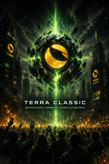 A dramatic sci-fi poster showcases a glowing "LUNC" and "TERRA CLASSIC" logo emerging from a shattered planet above a futuristic cityscape, with crowds gathered below, reinforcing the post's bullish sentiment that $LUNC will thrive during the crypto bear market. The text "TERRA CLASSIC - DECENTRALIZED. COMMUNITY DRIVEN. FUTURE BUILT." anchors the image, visually emphasizing the community resilience theme in the accompanying message.