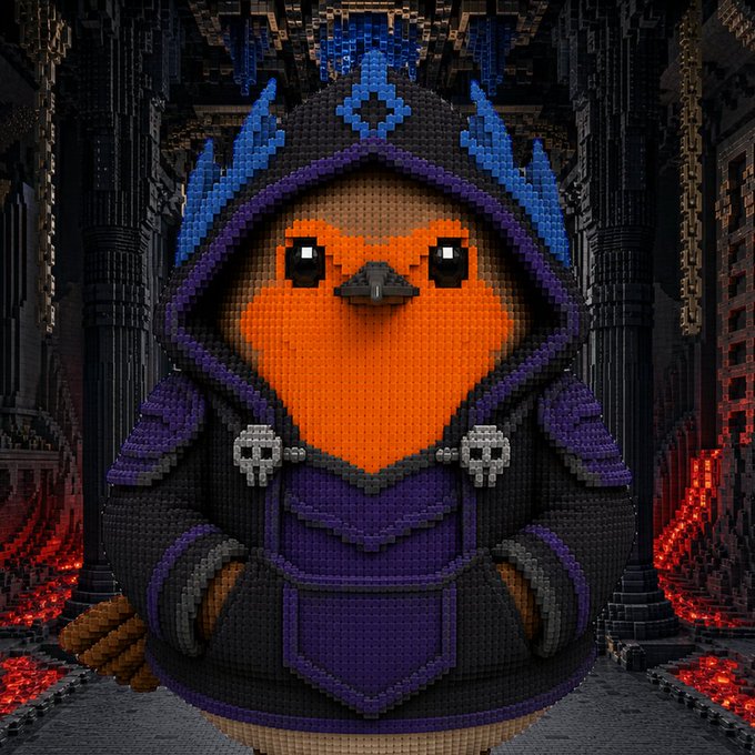 LEGO-style voxel figure of a chubby bird character in a purple and black hooded robe with skull clasps, set against a gothic cathedral background with red lava.