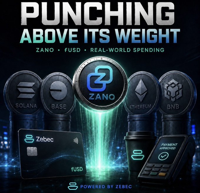 A promotional graphic titled 'PUNCHING ABOVE ITS WEIGHT' highlighting ZANO, fUSD, and real-world spending, powered by Zebec, featuring logos for Solana, Base, Ethereum, and BNB alongside crypto coins and a payment card.