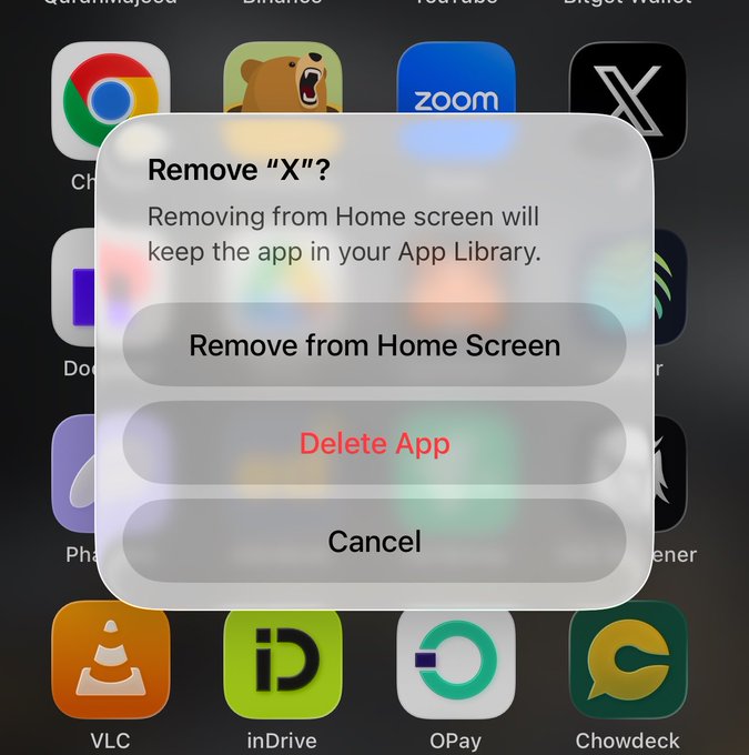 An iPhone confirmation dialog asking 'Remove "X"?' with options to Remove from Home Screen, Delete App (in red), or Cancel, displayed over a home screen with apps like Chrome, Zoom, VLC, and inDrive.