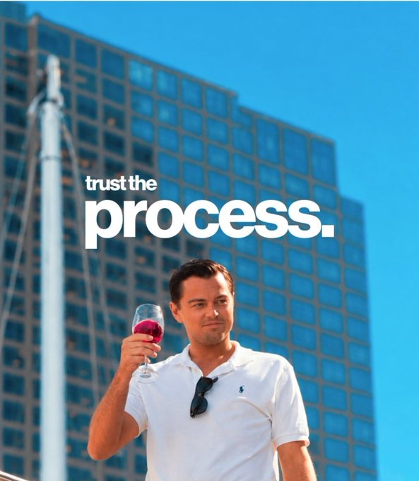 A meme image featuring Leonardo DiCaprio holding a glass of red wine with the text 'trust the process.' overlaid in white.