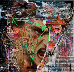 A heavily stylized digital collage features a central face surrounded by chaotic layered graphics, vibrant glitch effects, and scattered text fragments, overlaid with bright green constellation-like connecting lines. The fragmented, distressed aesthetic visually echoes the post's theme of financial desperation, with the obscure text and numbers ("3.0:8:2M", "1453") reinforcing the disorienting experience of a crypto trader down to their last $10 in ETH.