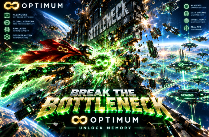A promotional graphic for 'OPTIMUM' featuring a superhero-like character bursting through a green glowing barrier labeled 'BOTTLENECK', with the tagline 'BREAK THE BOTTLENECK' and 'UNLOCK MEMORY'. Features include 'FLEXNODES', 'GLOBAL NETWORK', and 'RAM LAYER'.