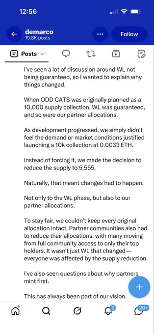 A screenshot of a post from 'demarco' explaining the reduction in supply for ODD CATS collection from 10,000 to 5,555, detailing changes to whitelist and partner allocations.