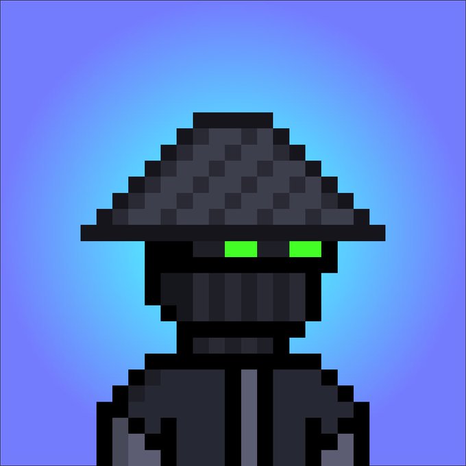 A pixel art illustration depicts a mysterious figure in a black hat and coat with glowing green eyes against a blue gradient background.