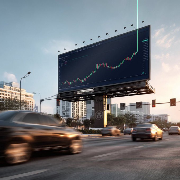 A large digital billboard displays a stock chart with a rising green line above a busy city intersection with cars in motion.