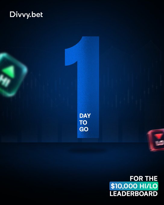 Countdown graphic from Divvy.bet showing '1 DAY TO GO' for a $10,000 HI/LO leaderboard promotion with green and red dice graphics.