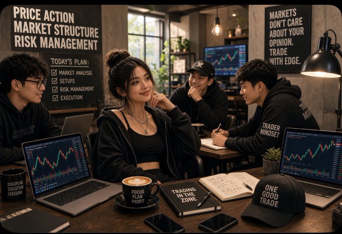 A stylized illustration of four people in a trading workspace with text including 'PRICE ACTION, MARKET STRUCTURE, RISK MANAGEMENT' and a 'TODAY'S PLAN' checklist featuring Market Analysis, Setups, Risk Management, and Execution.