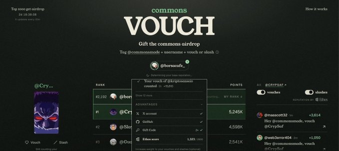 A dark-themed website for 'commons VOUCH' is an airdrop platform where users can gift the commons airdrop by tagging @commonsnode + username, showing top rankings with user 'borosaurus' at #1 and 'Cry...' with a purple profile picture.