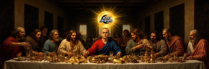 The image parodies Leonardo da Vinci's "The Last Supper," replacing Jesus with Changpeng Zhao (CZ), former Binance CEO, whose face is illuminated by a glowing halo resembling the meme coin logo "XAU 9999." The table is covered with gold bars and coins, visually reinforcing the post's theme of a "CZ supercycle" and tying the $XAU9999 meme coin to real gold as referenced by the ticker.
