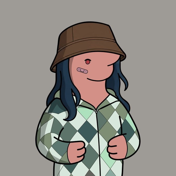 A cartoon illustration of a smiling character wearing a brown bucket hat and a green and white argyle zip-up hoodie, with a bandage on their cheek.