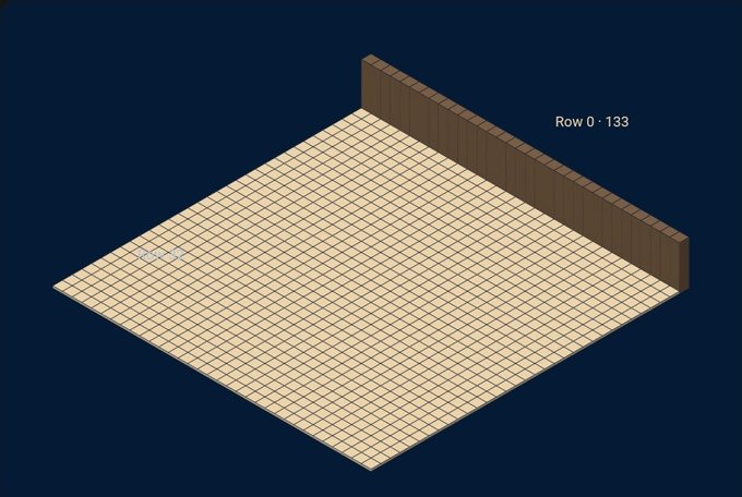 Isometric 3D rendering of a grid platform with a wooden back wall, labeled 'Row 0 · 133' on a dark background.